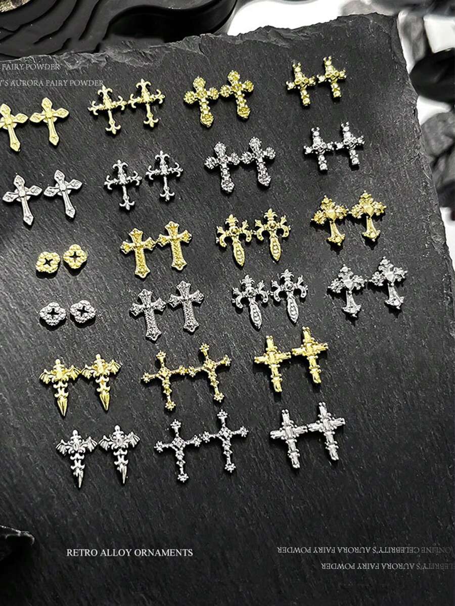 100颗金银混色十字架，三叶草合金3D美甲装饰，朋克风3D十字架，简约多功能美甲饰品，Y2K金属美甲配件，DIY美甲沙龙装饰，美甲水钻，美甲宝石，美甲用品，假指甲装饰 - 彩色 - 查看 1