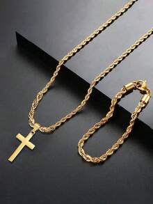 1 Set Of Fashionable Jewelry Hip-Hop Stainless Steel Cross Pendant Necklace And Bracelet, Fashionable Street Jewelry, Suitable For Birthday Gifts - Multicolor - View 10