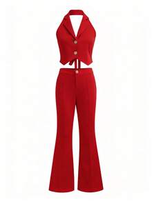 Small V-Neck Buckle Vest And Wide Leg Casual Pants Set - Red - View 4