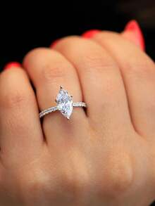 1pc 2 Carat Romantic Brilliant 6-Prong Moissanite & Pave Diamond Engagement Ring, S925 Sterling Silver Luxury Engagement/Promise/Anniversary Ring, Women's Jewelry Gift, Christmas Gift - Six-prong Marquise Diamond Moissanite Ring - 2ct - View 3
