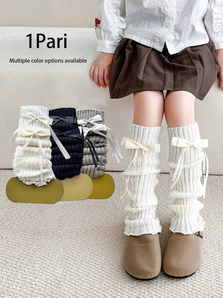1 Pair Princess Style Bow Decor Leg Warmers, Knee High Socks, Warm & Cozy For Kids, All Season