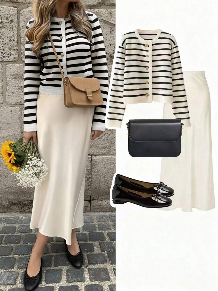 Women's Elegant Striped Crew Neck Knit Cardigan, Versatile Fashion Casual Sweater, Retro Jacket For Commuting, Autumn - Black and White - View 1