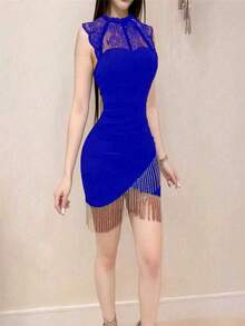 纯色蕾丝拼接领流苏时尚优雅性感派对连衣裙，适合情人节、婚礼等场合 - 藍色 - 查看 6