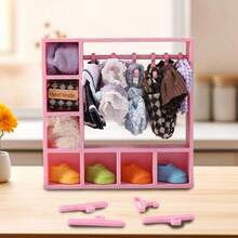 Doll Clothes Closet For Labubu, Doll Accessories For Labubu Clothes, Doll Clothes Storage For Labubu Display Box, Dolls Wardrobe Dollhouse Accessories For 15/17cm Dolls Clothes With 10 Hangers (Pink)