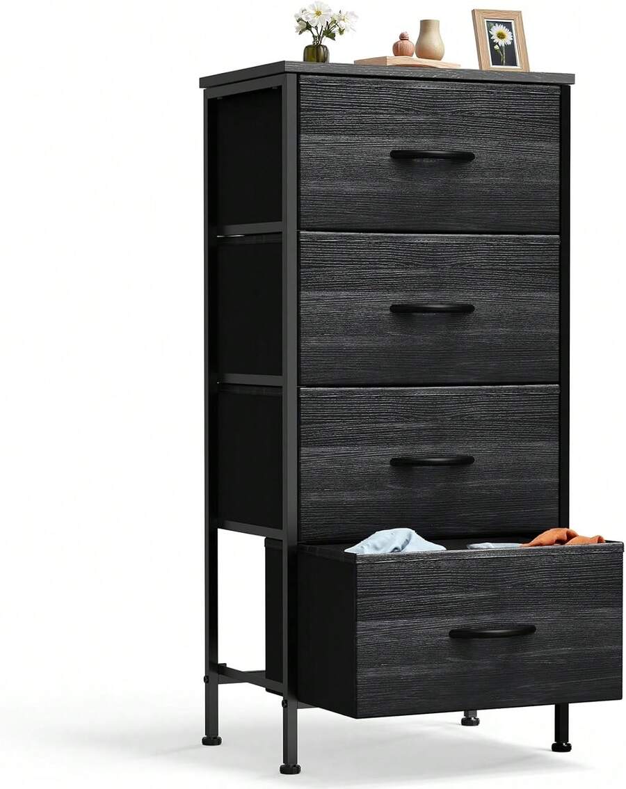Sweetcrispy Drawer Organizer Dresser With Removable Fabric Bins & Sturdy Steel Frame/Wood Top - Tall Bedside Table Suitable For Bedroom, Dorm, Living Room - 黑色 - 查看 1