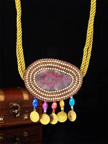 Moroccan Style Rope Waist Chain Tassels & Rhinestone Pearl Decor Adjustable Waist Belt, Suitable For Various Occasions - Yellow Rope + Blue (random Pattern In the Middle) - View 9