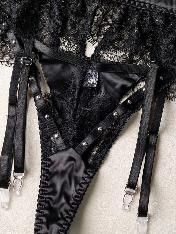 Sexy Lingerie Women's Bra Blue Mesh Embroidered Camisole Set Of 3 - Black - View 10