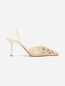 Open-Toe Pumps With Pearl And Sequin Appliques - Beige - View 1