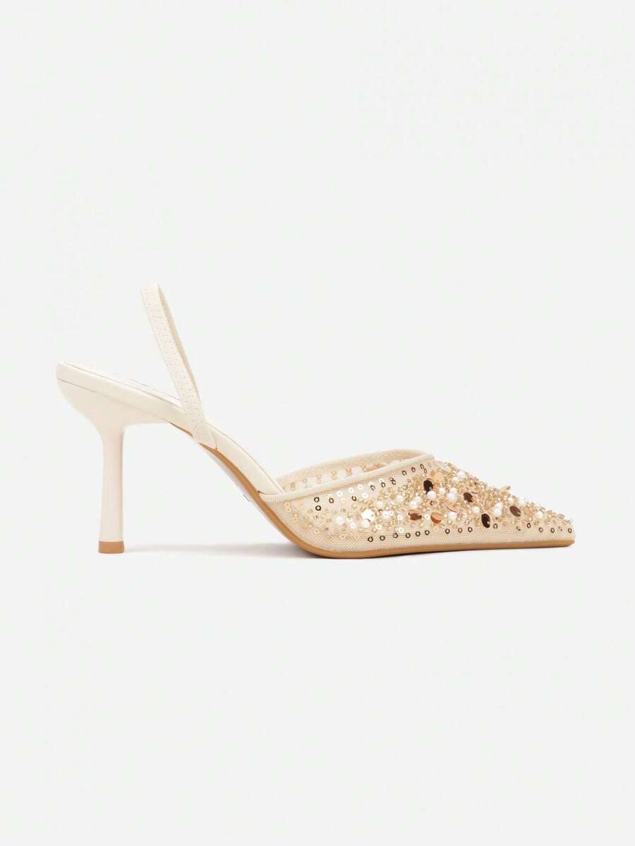 Open-Toe Pumps With Pearl And Sequin Appliques - Beige - View 1