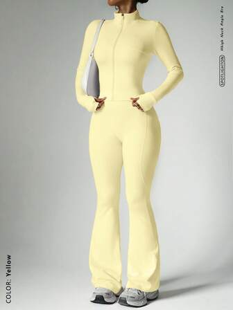 FWH Set de 2 piezas de conjunto de ropa ajustada de estilo callejero, incluye chaqueta con cremallera y agujeros para los pulgares, y pantalones acampanados de cintura alta con cintura ajustable, un conjunto de ropa deportiva que esculpe y aumenta la confianza para mujeres