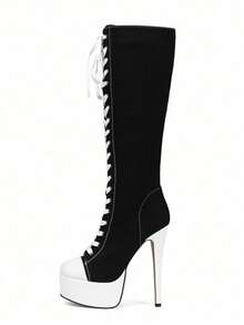 Black And White Color Blocked Waterproof Platform, High Heels, Side Zipper, Lace Up Fashion Boots - 黑色 - 查看 2