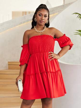 Astrid Plus Size Elegant Solid Color Off Shoulder Midi Dress