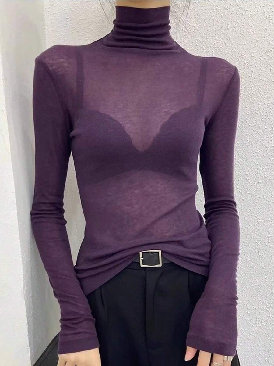 2025新款黑色高领透视网纱薄款长袖T恤，秋冬季叠穿上衣 - 紫丁香色 - 查看 1