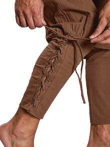 Men's Solid Color Drawstring Waist Medieval Costume Cosplay Renaissance Viking Pants - Brown - View 6