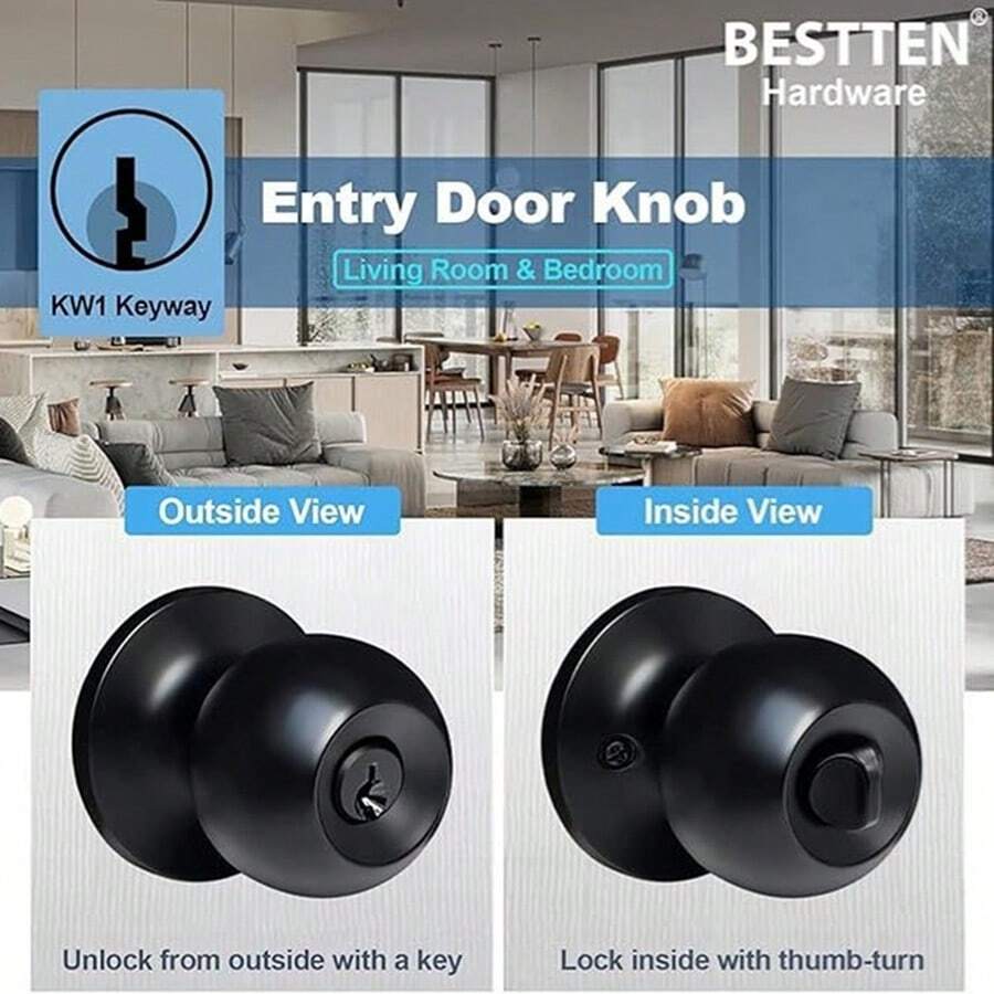 Lockable Keyed Entry Door Knob, Interior/Exterior Door Lock, Standard Ball Shape, Satin Nickel Finish