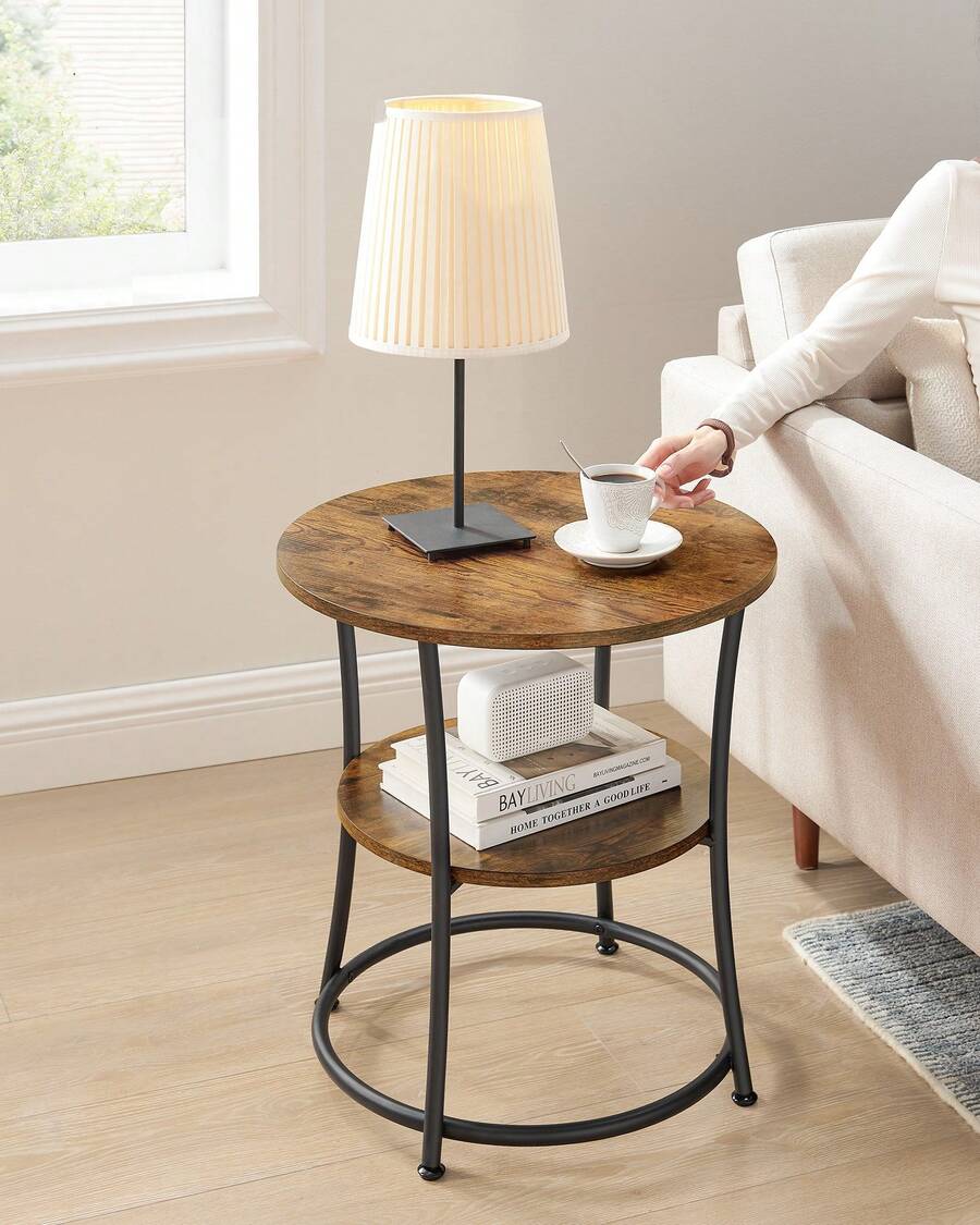 Side Table, End Table With 2 Shelves, Small Round Table For Living Room, Bedroom, Easy Assembly, Steel Frame, Industrial, Rustic Brown And Ink Black - Brown - View 1