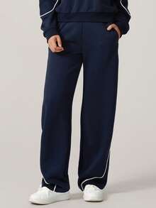 NcmRyu 1pc Women High Waist Straight Leg Striped Sports Pants With Side Pockets - Navy Blue - View 5