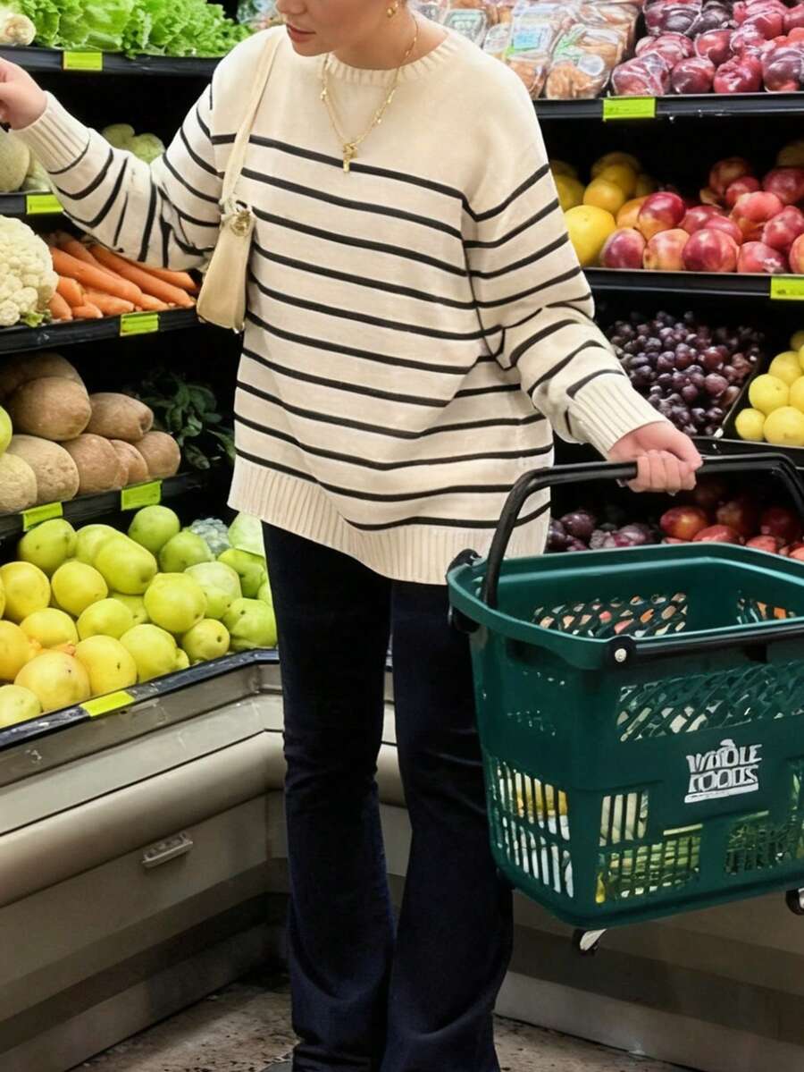 女式 Y2K 时尚图案撞色条纹宽松圆领落肩长袖休闲套头衫针织毛衣，秋冬 - 彩色 - 查看 1