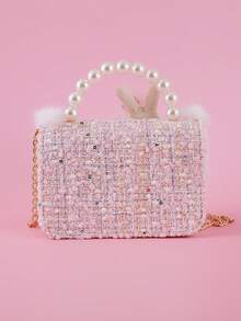 1pc Cartoon Rabbit & Fluffy Lace Pearl Decor PU Felt Material Flap Closure Chain Strap Casual Beaded Handbag, Crossbody Bag For Snacks & Coins, Suitable For Birthday Gift & Daily Use, Teens - Wool Lace - Rabbit - View 4