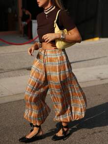 Women Baggy Balloon Pants Bubble Pleated Oversized Bloomers Wide Leg Lantern Harem Bloomer Pants - 橘色 - 查看 6