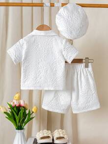 4-7岁女童白色三件套西装，优雅衬衫+短裤+帽子，经典儿童正装，提花面料，复古时尚，适合节日、生日、拍照、春夏穿着。 - 白色 - 查看 2