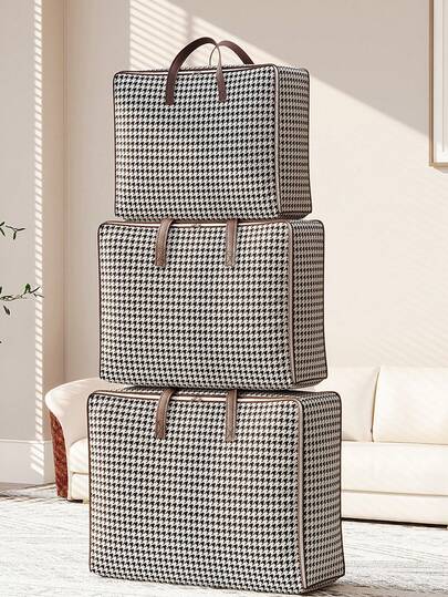 千鸟格纹被子收纳袋 - 新年、情人节礼物收纳袋，带提手 - 可折叠床上用品和衣物收纳袋，防尘、透气、防潮。可折叠被子收纳袋，时尚可折叠拉链收纳袋，搬家袋，旅行收纳袋 - 大容量，适用于毛毯、床上用品，节省空间，整理衣柜、卧室、家居、宿舍、卧室用品。