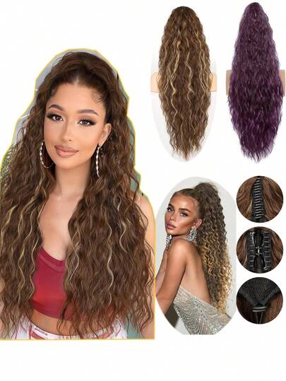 Ponytail Extension Claw Curly Pony Tail Clip In Claw Hair Extensions Fluffy Synthetic Hairpiece For Women Chocolate Brown Highlight