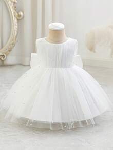 Baby Girls' White Handmade Beaded 3D Bow Elegant Mesh Party Dress, Princess Dress Suitable For 1st Birthday, Wedding, Party, Banquet, Holiday Celebration - White - View 8
