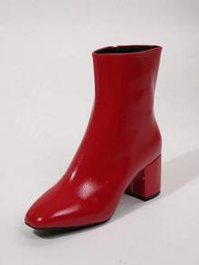 Square-Toe Knee-High Boots, Matte Leather Denim/Riding Boots, Chunky Heel, Slim Fit, Warm Lining For Autumn And Winter, Women's Boots. - 酒紅色 - 查看 2