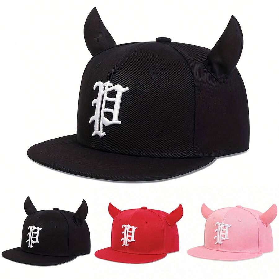 1Piece Novelty Women Gothic P Letter Embroidered Horns Hip Hop Hat Turning Hat Outdoor Adjustable Sunscreen Leisure Hat Spring Autumn Travel Tourism Beach Vacation - 彩色 - 查看 1