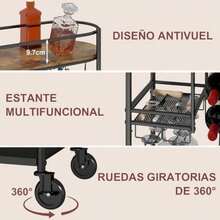 GILLAS Carrito de Servicio, Carrito de Bar de 3 Niveles, Cantina Bar Mueble para Casa con Capacidad para 6 Botellas de Vino y 6 Copas, Carrito de Almacenamiento con Ruedas para Comedor, Bar, Cocina(Madera de ingeniería) - Multicolor - Ver 8