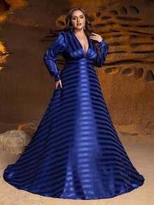 فستان سهرة رسمي بأكمام فانوس وياقة على شكل V مع تصميم مخفف للجسم مناسب لحفلات العشاء والمناسبات الخيرية والزفاف الراقي