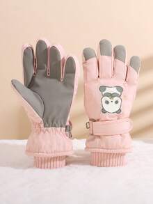 1 双儿童熊猫印花防水加厚保暖冬季手套，适合骑自行车、户外滑冰、雪地
