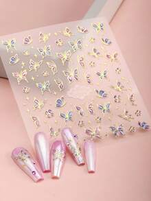 1片浮雕果冻美甲贴纸，5D激光金色蝴蝶美甲贴花，适合女士DIY美甲用品美甲贴纸 - 金色 - 查看 8