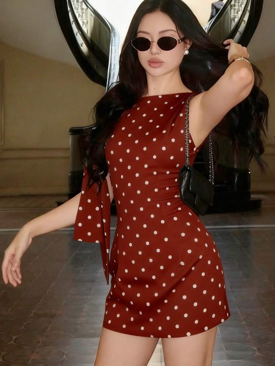 Sexy Street Minimalist Polka Dot Print Asymmetric Shoulder Strap Bodycon Mini Dress, Spring/Summer - Red - View 1