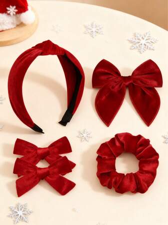 4-Piece Luxury Velvet Hair Accessory Set - Headband, Large Bow, 2 Bow Hair Clips, And Hair Tie, Soft And Stylish Hair Accessories, Red Bow, Suitable For Girls For Everyday And Holiday Christmas Use