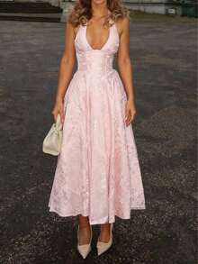 Vestido de fiesta elegante de longitud media con cuello en V, cintura ceñida y estampado floral texturizado, color rosa - Rosa - Ver 5