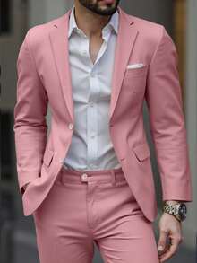 Men's Suits 2 Piece Blazer Pant Wedding Suit Set 2 Buttons Slim Fit Tuxedo Jacket For Men Prom Casual Business Pink - 粉色 - 查看 1