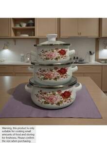 3件套搪瓷炊具套装，加厚双耳搪瓷烹饪锅，适用于燃气和电磁炉，包括带盖汤锅，搪瓷炖锅，搪瓷碗