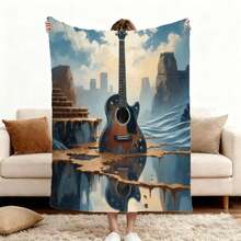 Luxury 280gsm Beige & Surreal Acoustic Guitar Blanket - Heavyweight All-Season Bedspread/Throw With Music-Themed Water Reflection Design (Guitar, City Skyline, Rocky Formations) For Couch, Bed - Contemporary Decor For Musicians & Collect Pop  Gift (Multiple Sizes Available) Nordic Style Acrylic Rectangular Office Nap Sofa Blanket, Air Conditioning Blanket, Knitted Small Blanket, Shawl Cover Blanket, Bed End Blanket Soft & ,Skin-Friendly Multi-Size Versatile Blanket ,Lettering Numbers Doodle Christmas Blanket,Chicken - 彩色 - 查看 5