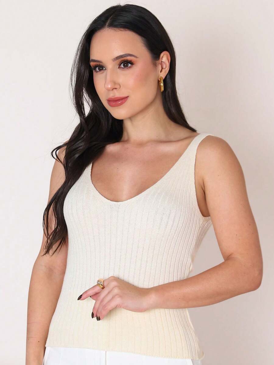 Women's Basic Ribbed Modal Knit Tank Top With Wide Straps, Casual Knit Summer Blouse - Yellow - View 1
