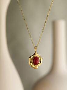 1pc Elegant French Style 18K Gold Plated Stainless Steel Geometric Oval Flower Natural Stone Pendant Necklace, Hypoallergenic Clavicle Chain Suitable For Women Daily Wear And Couples Gift - Gold - View 2