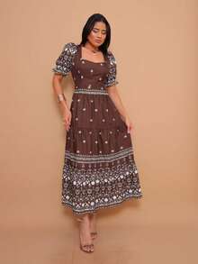 Helena Elegant Midi Dress With Printed Crepe Fabric And Short Sleeves. - Coffee Brown - View 1