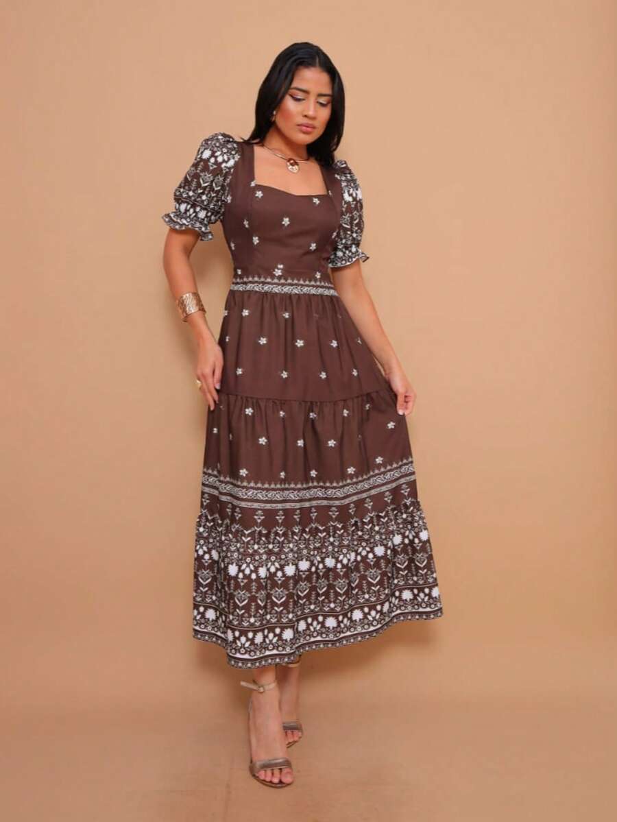 Helena Elegant Midi Dress With Printed Crepe Fabric And Short Sleeves. - Coffee Brown - View 1