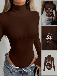 VIVINA 女士休闲高领长袖毛绒针织连体衣，保暖修身，百搭纯白派对装扮，适合感恩节、圣诞节、新年等场合。 - 棕色 - 查看 3