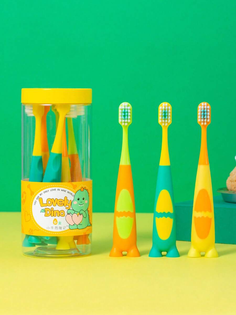 6 piezas Cepillos de dientes para niños con forma de dinosaurio - Cerdas suaves, con ventosa y diseño de animales divertidos, mango antideslizante, set de cepillos de dientes