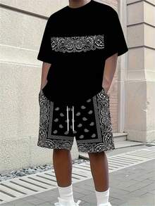 Completo estivo da uomo con t-shirt a stampa di fiori di anacardi e paisley + pantaloncini, outfit casual - Multicolore - Visualizzare 1