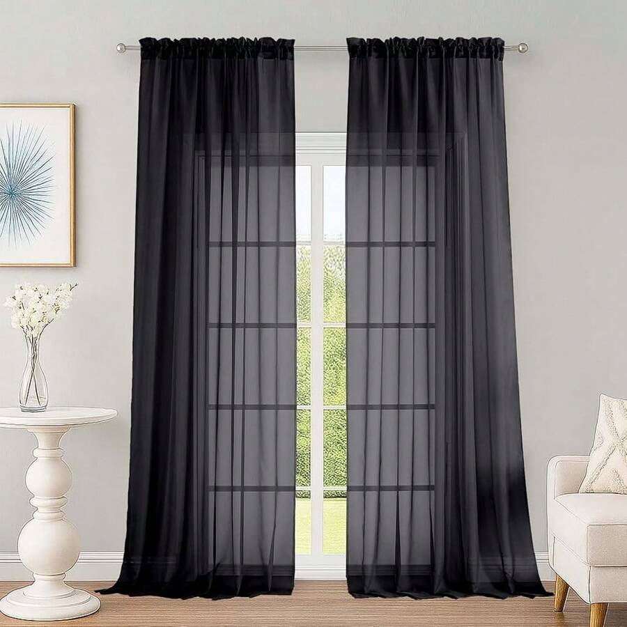 OWENIE Black Sheer Curtains, Sheer Curtains 96 Inches Long 2 Panels Set, Rod Pocket Voile Fimly Sheer Drapes For Living Room/Bedroom, 2pcs, Each 59inch W X 96inch L,59inchWx96inchL(Packof2),Black - Black - 查看 1