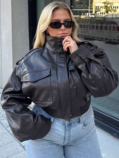 Women's PU Leather Jacket, Suitable For Autumn/Winter, Short Zip-Up Bomber Jacket, Long Sleeve Top, Women's Cropped Street Style Jacket