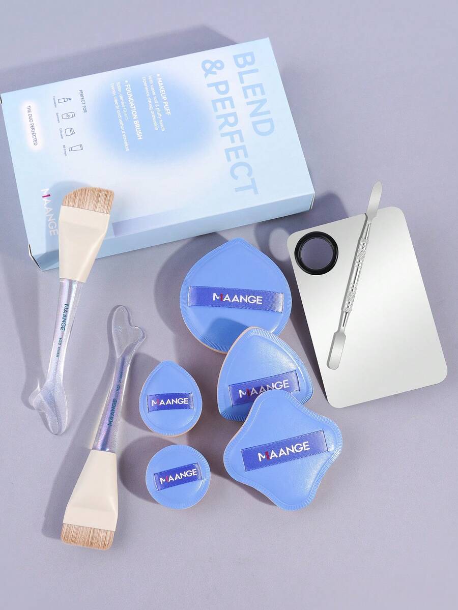 MAANGE 9件套旅行化妆刷套装，包含2支高效化妆刷、5个干湿两用化妆海绵、1支腮红刷、1支粉底刷、1支遮瑕刷和1支细节刷，适合居家或旅行使用，是女性和女孩必备的化妆用品。赠品、专业化妆刷、全套化妆工具 - 淺藍色 - 查看 1